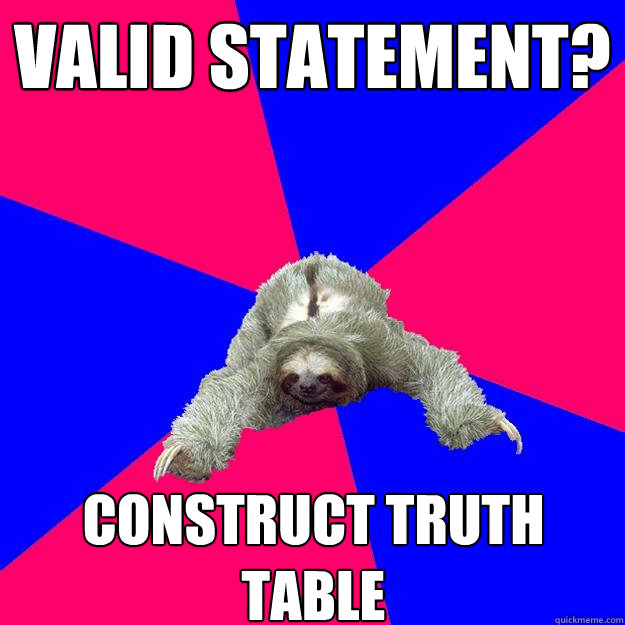 valid statement?
 construct truth table
  Math Major Sloth