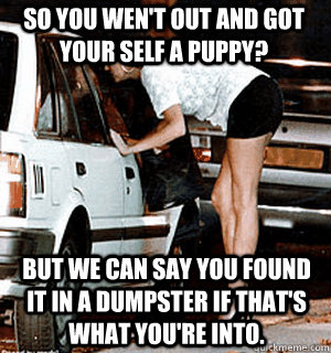 So you wen't out and got your self a puppy? But we can say you found it in a dumpster if that's what you're into.  Karma Whore