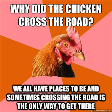 why did the chicken cross the road? we all have places to be and sometimes crossing the road is the only way to get there  Anti-Joke Chicken