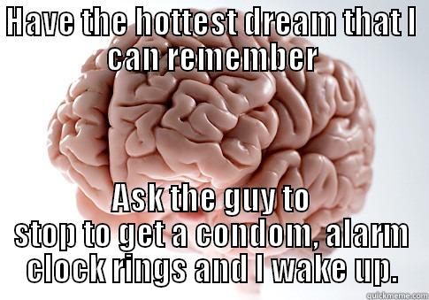 HAVE THE HOTTEST DREAM THAT I CAN REMEMBER ASK THE GUY TO STOP TO GET A CONDOM, ALARM CLOCK RINGS AND I WAKE UP. Scumbag Brain