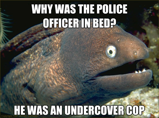 Why was the police 
officer in bed? He was an undercover cop  Bad Joke Eel