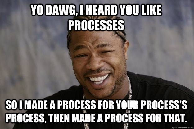 yo dawg, i heard you like processes so i made a process for your process's process, then made a process for that. - yo dawg, i heard you like processes so i made a process for your process's process, then made a process for that.  Xzibit