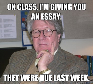 Ok class, I'm giving you an essay. They were due last week.  Humanities Professor