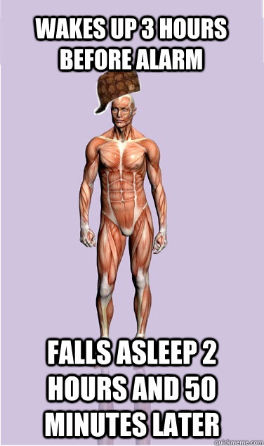 Wakes up 3 hours before alarm falls asleep 2 hours and 50 minutes later  - Wakes up 3 hours before alarm falls asleep 2 hours and 50 minutes later   Misc