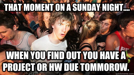 That moment on a sunday night....  when you find out you have a project or hw due tommorow.   Sudden Clarity Clarence