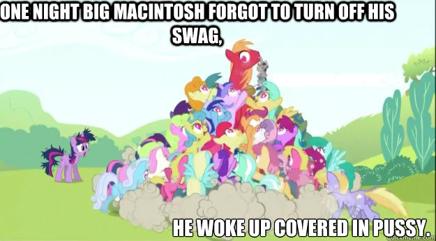 one night BIG MACINTOSH forgot to turn off his swag, he woke up covered in pussy.  