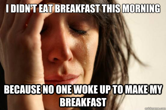 I didn't eat breakfast this morning Because no one woke up to make my breakfast  - I didn't eat breakfast this morning Because no one woke up to make my breakfast   First World Problems