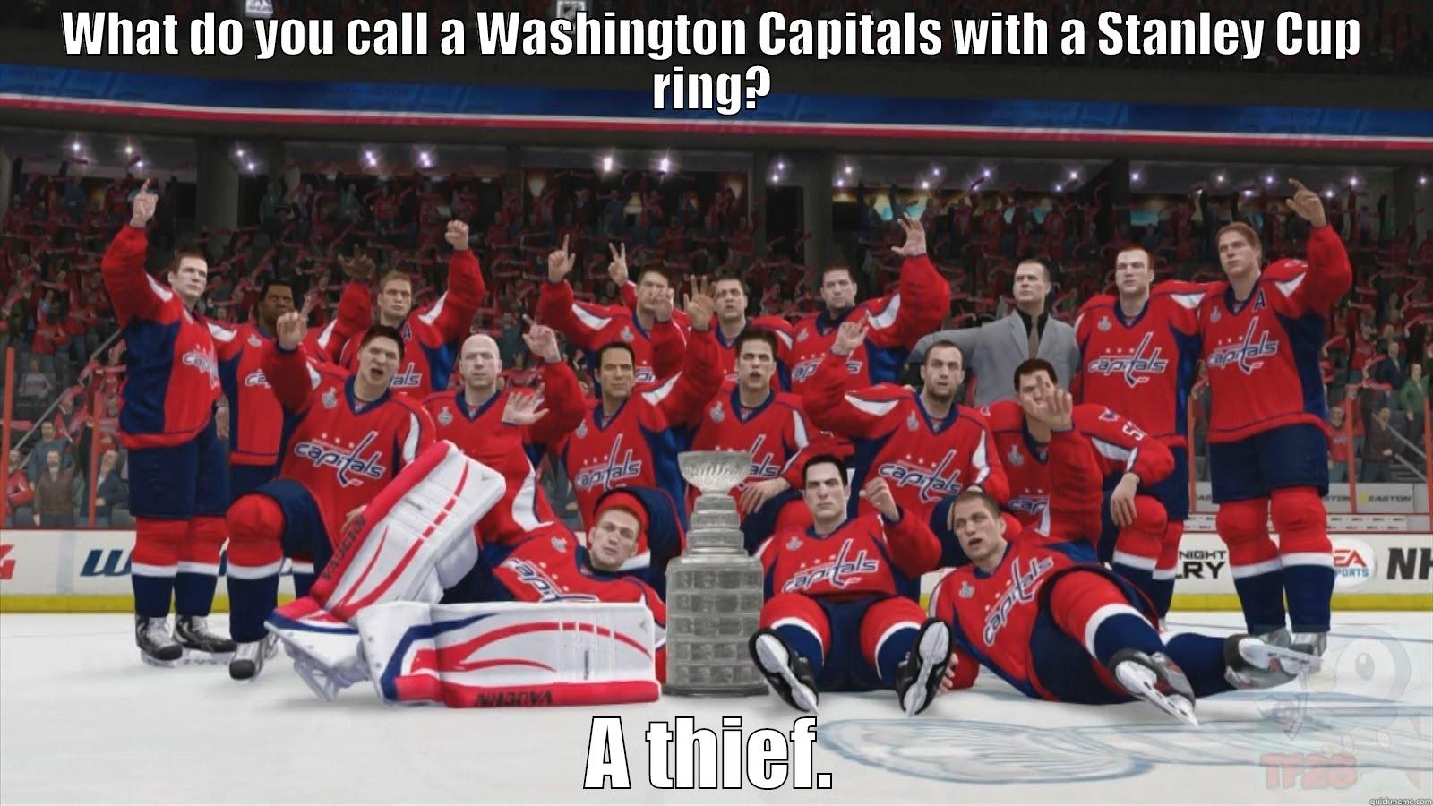 WHAT DO YOU CALL A WASHINGTON CAPITALS WITH A STANLEY CUP RING? A THIEF. Misc