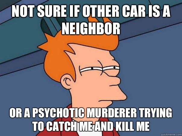Not sure if other car is a neighbor Or a psychotic murderer trying to catch me and kill me  Futurama Fry