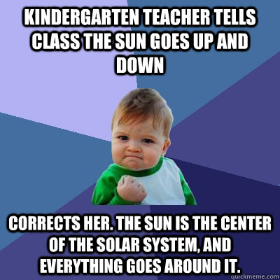 Kindergarten Teacher tells class the sun goes up and down Corrects her. The sun is the center of the solar system, and everything goes around it. - Kindergarten Teacher tells class the sun goes up and down Corrects her. The sun is the center of the solar system, and everything goes around it.  Success Kid