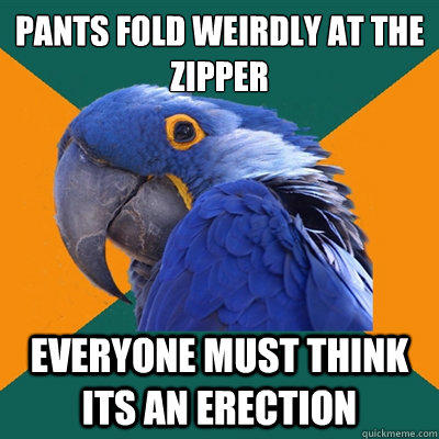 pants fold weirdly at the zipper everyone must think its an erection  Paranoid Parrot