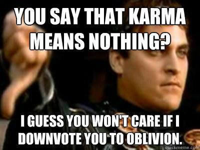 you say that karma means nothing? I guess you won't care if I downvote you to oblivion.  Downvoting Roman