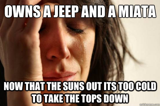 Owns a jeep and a miata Now that the suns out its too cold to take the tops down  First World Problems