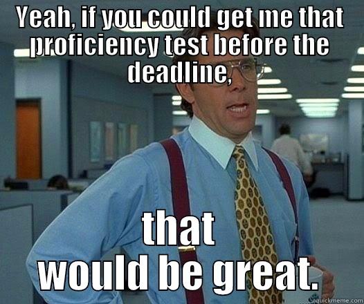 prof test - YEAH, IF YOU COULD GET ME THAT PROFICIENCY TEST BEFORE THE DEADLINE, THAT WOULD BE GREAT. Office Space Lumbergh