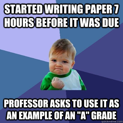 Started writing paper 7 hours before it was due Professor asks to use it as an example of an 