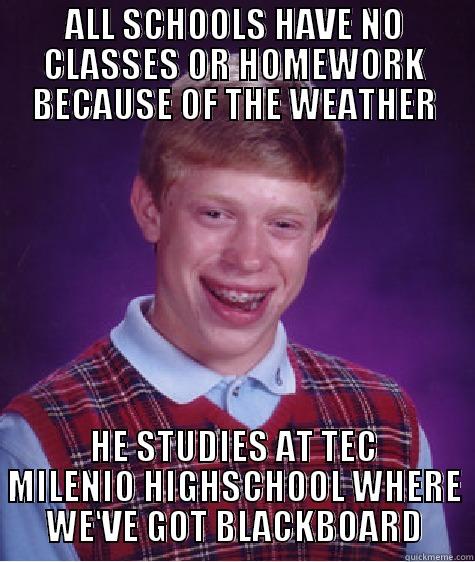 ALL SCHOOLS HAVE NO CLASSES OR HOMEWORK BECAUSE OF THE WEATHER HE STUDIES AT TEC MILENIO HIGHSCHOOL WHERE WE'VE GOT BLACKBOARD Bad Luck Brian