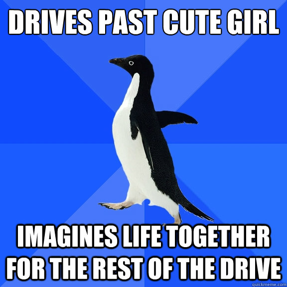 Drives past cute girl imagines life together for the rest of the drive  Socially Awkward Penguin