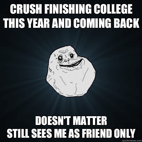 Crush finishing college this year and coming back Doesn't matter
Still sees me as friend only   Forever Alone