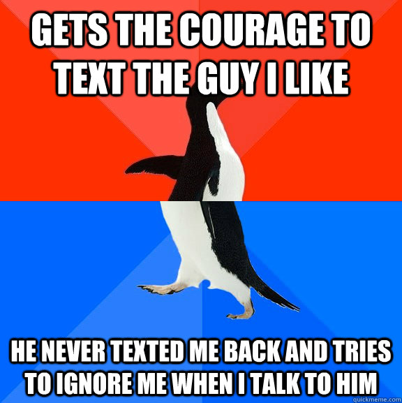 Gets the courage to text the guy I like He never texted me back and tries to ignore me when I talk to him  Socially Awesome Awkward Penguin