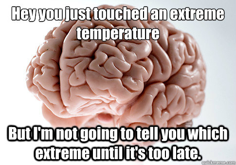 Hey you just touched an extreme temperature But I'm not going to tell you which extreme until it's too late.  Scumbag Brain