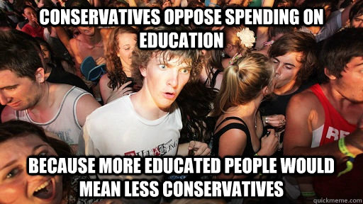 conservatives oppose spending on education because more educated people would mean less conservatives  Sudden Clarity Clarence