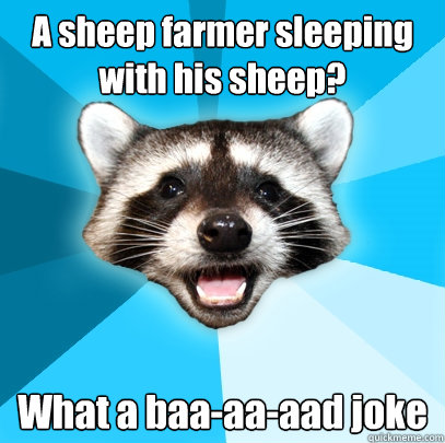 A sheep farmer sleeping with his sheep? What a baa-aa-aad joke  Lame Pun Coon