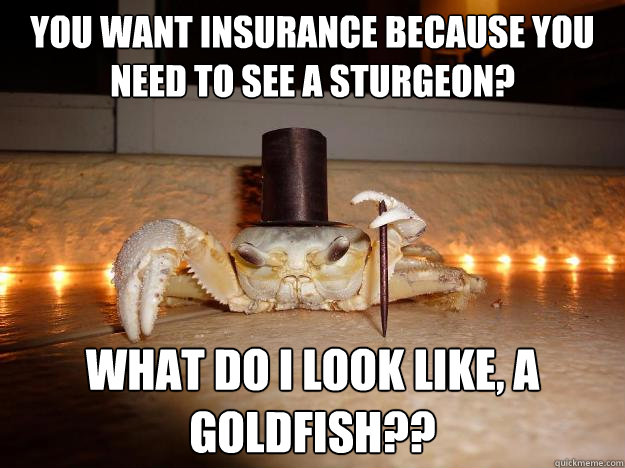 you want insurance because you need to see a sturgeon? what do I look like, a goldfish?? - you want insurance because you need to see a sturgeon? what do I look like, a goldfish??  Fancy Crab