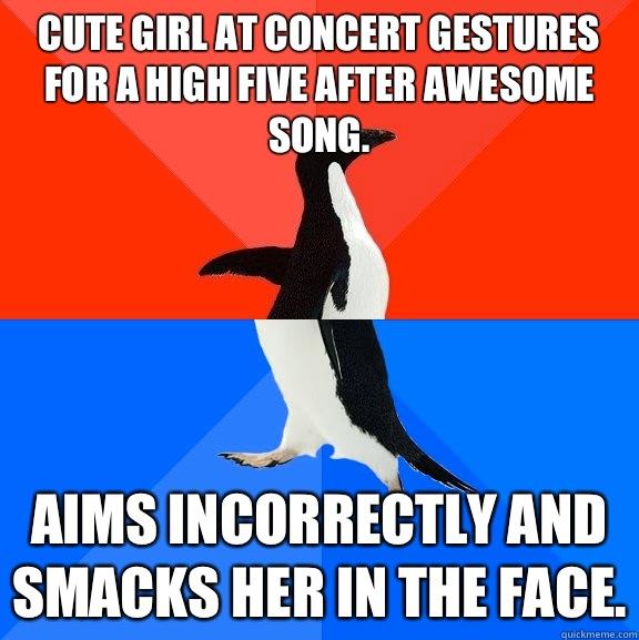 Cute girl at concert gestures for a high five after awesome song. Aims incorrectly and smacks her in the face.  Socially Awesome Awkward Penguin