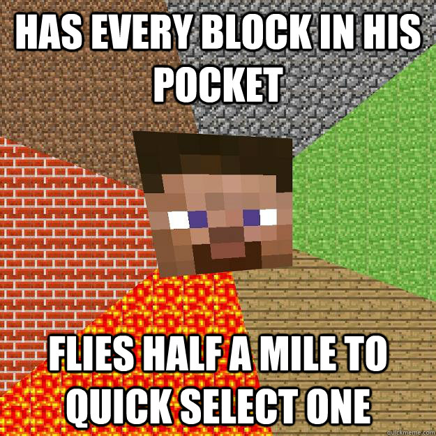 HAS EVERY BLOCK IN HIS POCKET FLIES HALF A MILE TO QUICK SELECT ONE  Minecraft
