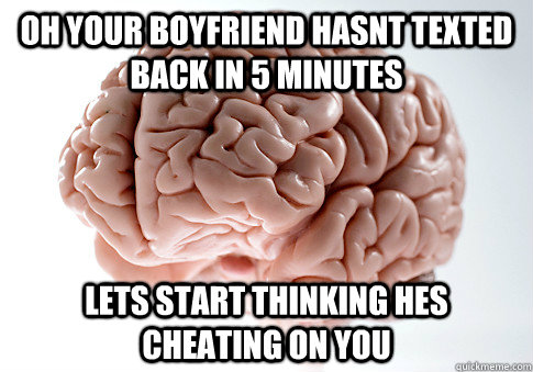 oh your boyfriend hasnt texted back in 5 minutes lets start thinking hes cheating on you  Scumbag Brain