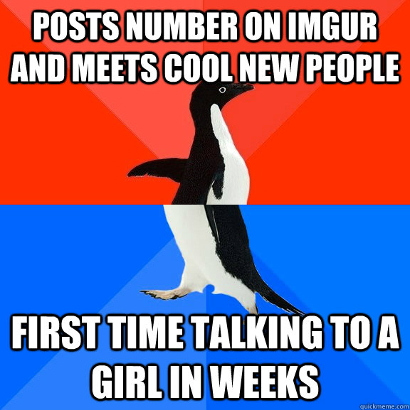 Posts number on imgur and meets cool new people First time talking to a girl in weeks  Socially Awesome Awkward Penguin