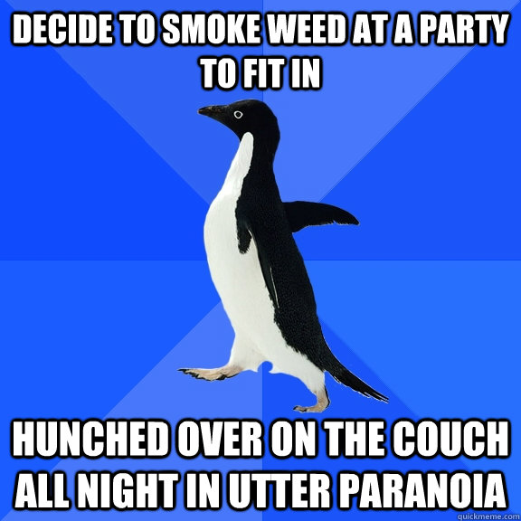 Decide to smoke weed at a party to fit in Hunched over on the couch all night in utter paranoia  Socially Awkward Penguin