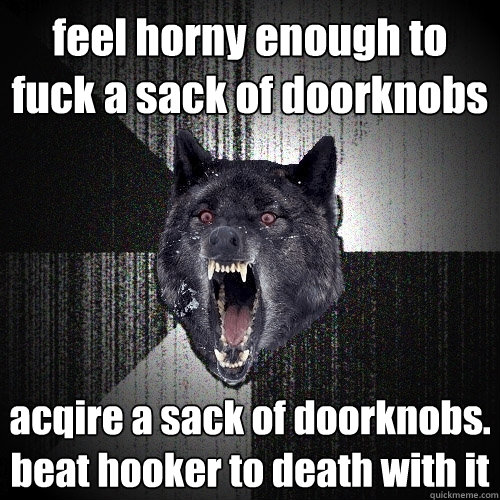 feel horny enough to fuck a sack of doorknobs acqire a sack of doorknobs. beat hooker to death with it  Insanity Wolf
