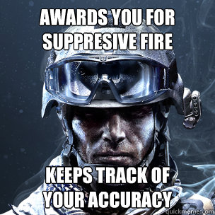 Awards you for suppresive fire Keeps track of 
your accuracy - Awards you for suppresive fire Keeps track of 
your accuracy  Scumbag BF3