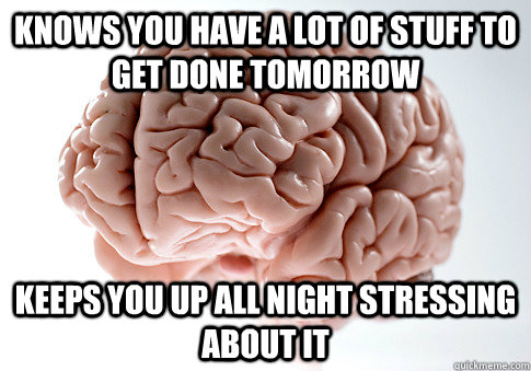 Knows you have a lot of stuff to get done tomorrow keeps you up all night stressing about it  Scumbag Brain