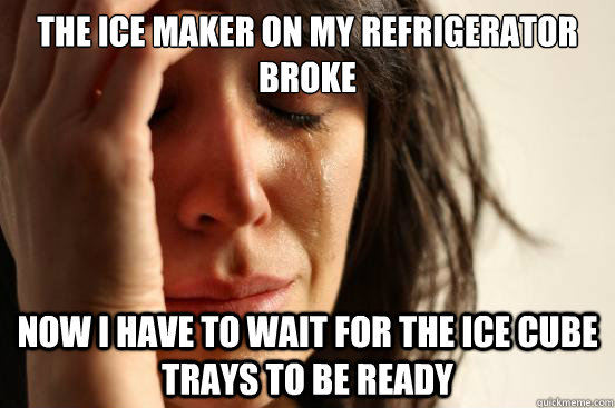 the ice maker on my refrigerator broke now i have to wait for the ice cube trays to be ready - the ice maker on my refrigerator broke now i have to wait for the ice cube trays to be ready  First World Problems