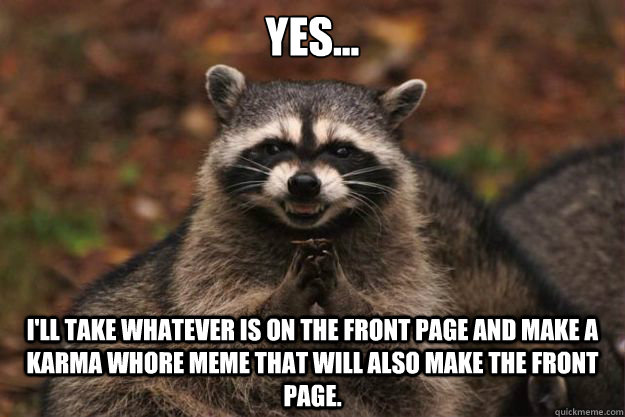 yes... I'll take whatever is on the front page and make a karma whore meme that will also make the front page.  Evil genius racoon