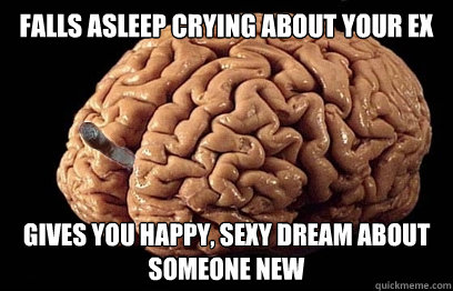 Falls asleep crying about your ex Gives you happy, sexy dream about someone new  