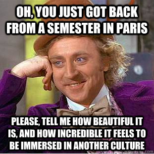 Oh, you just got back from a semester in Paris Please, tell me how beautiful it is, and how incredible it feels to be immersed in another culture  Creepy Wonka