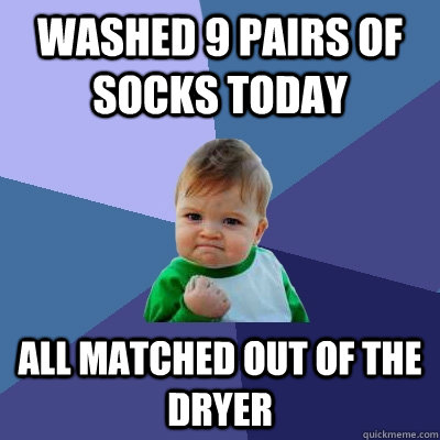 washed 9 pairs of socks today all matched out of the dryer - washed 9 pairs of socks today all matched out of the dryer  Success Kid