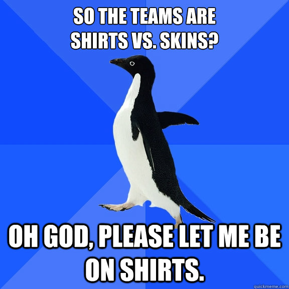So the teams are
Shirts vs. Skins? Oh God, please let me be on Shirts.  Socially Awkward Penguin