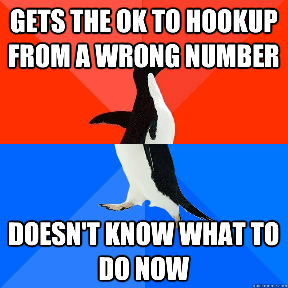 Gets the Ok to hookup from a wrong number Doesn't know what to do now  Socially Awesome Awkward Penguin