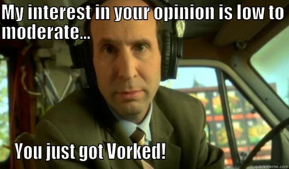 MY INTEREST IN YOUR OPINION IS LOW TO MODERATE...                                                                YOU JUST GOT VORKED!                                 Misc