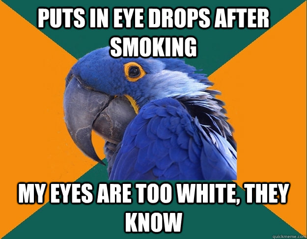 Puts in eye drops after smoking  My eyes are too white, they know  Paranoid Parrot
