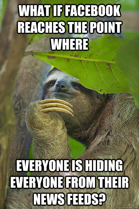 What if Facebook reaches the point where everyone is hiding everyone from their news feeds?  Philososloth