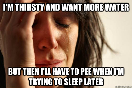 i'm thirsty and want more water but then i'll have to pee when i'm trying to sleep later  First World Problems