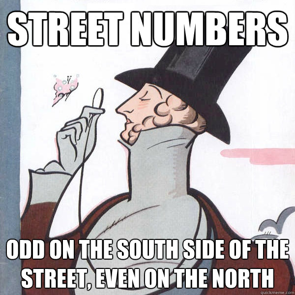 Street numbers Odd on the south side of the street, even on the north  