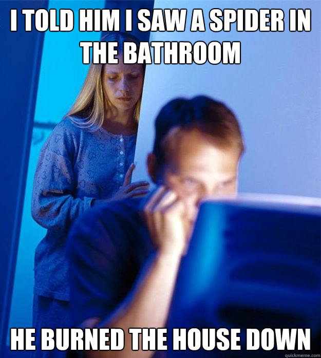 i told him i saw a spider in the bathroom he burned the house down  Redditors Wife