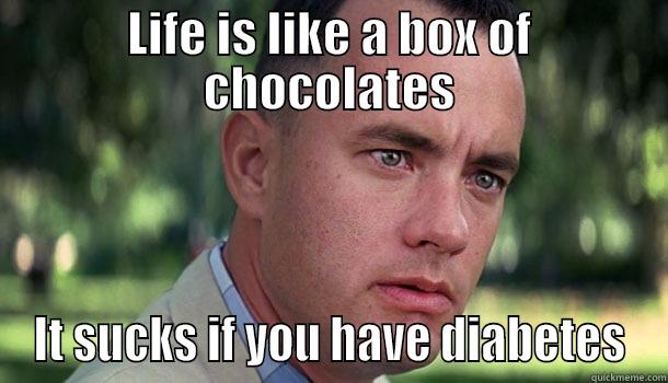 LIFE IS LIKE A BOX OF CHOCOLATES IT SUCKS IF YOU HAVE DIABETES Offensive Forrest Gump