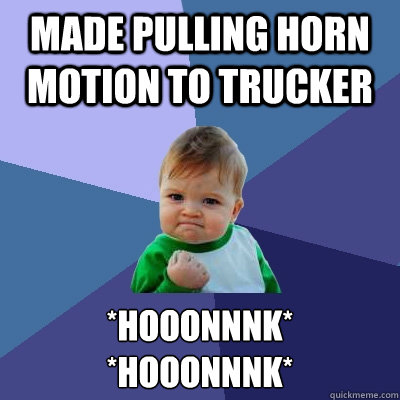 Made pulling horn motion to trucker *HOOONNNK*
*hOOONNNK*  Success Kid